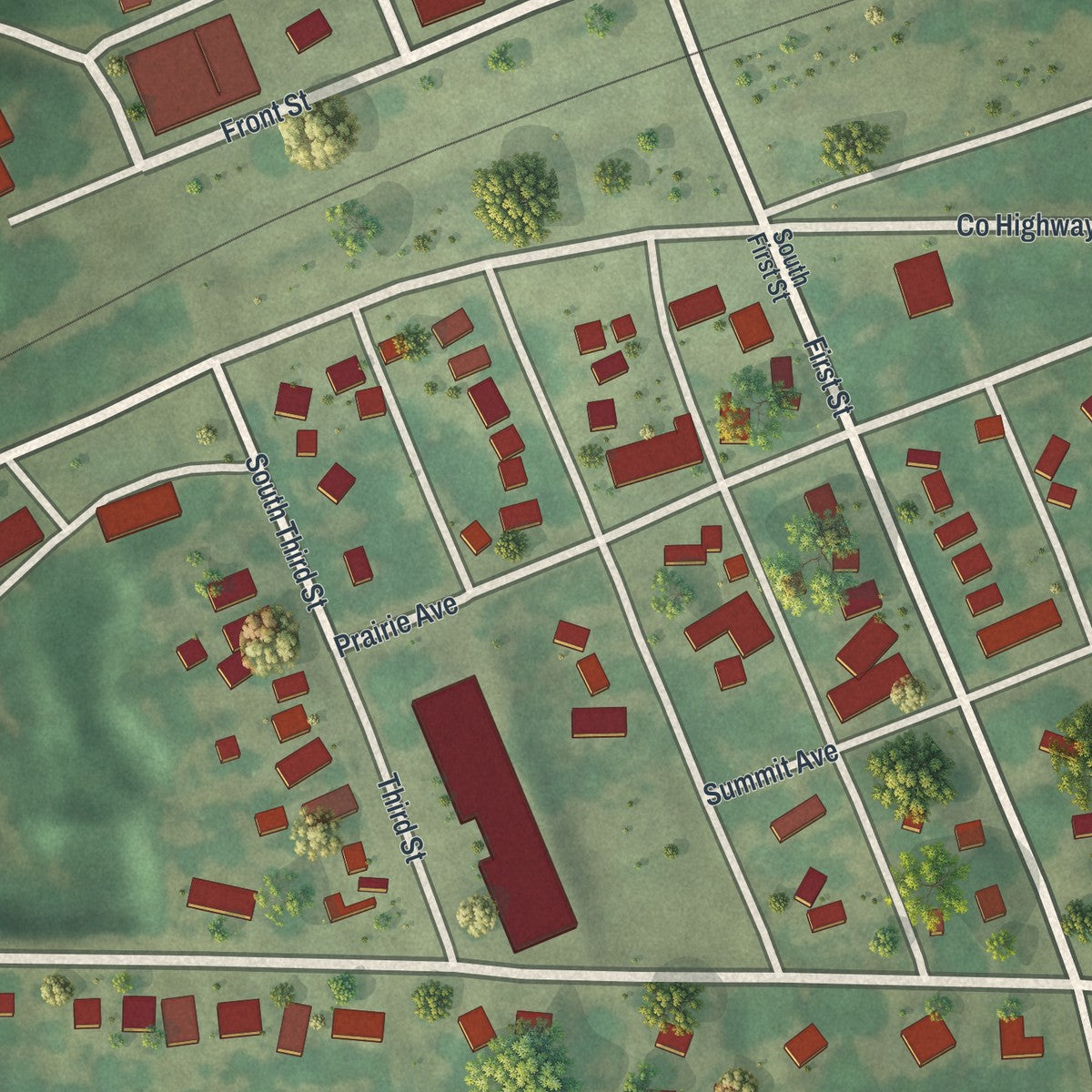 Close-up of the map of Russell, Minnesota print showing street and building detail