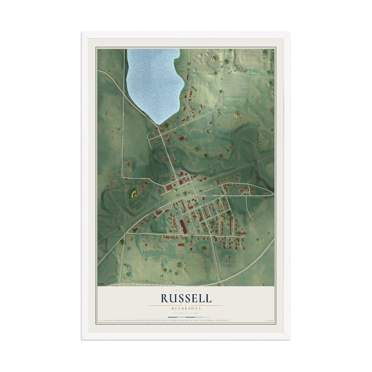 Map of Russell, Minnesota, 12 x 18 inch print in a white wood frame