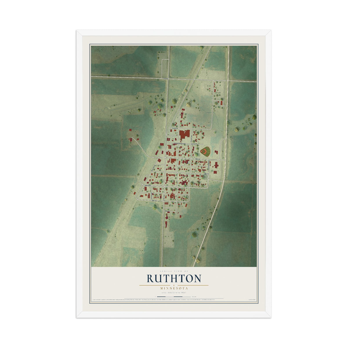 Map of Ruthton, Minnesota, 12 x 18 inch print in a white wood frame