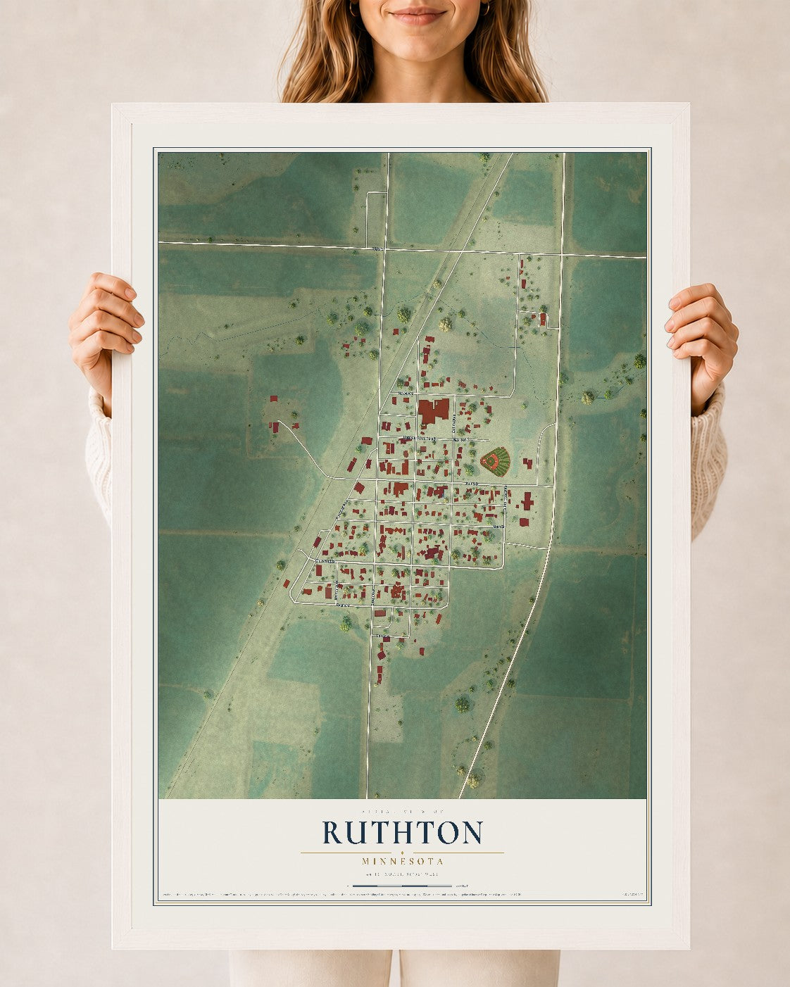Map of Ruthton, Minnesota, 24 x 36 inch print in a white wood frame