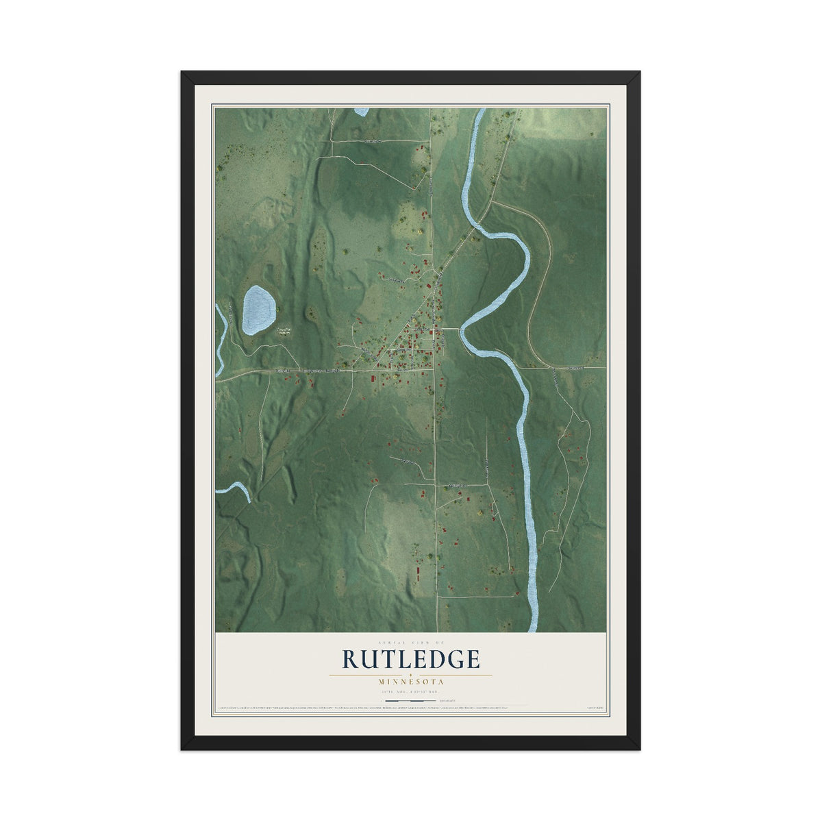 Map of Rutledge, Minnesota, 12 x 18 inch print in a black wood frame
