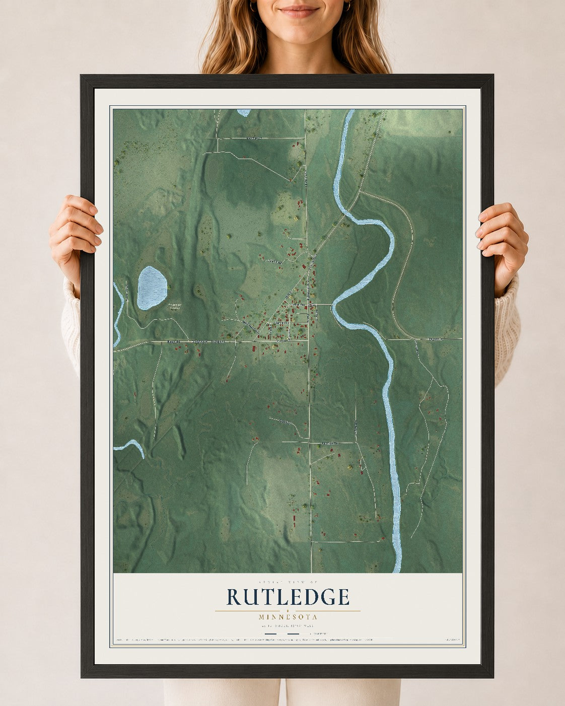 Map of Rutledge, Minnesota, 24 x 36 inch print in a black wood frame