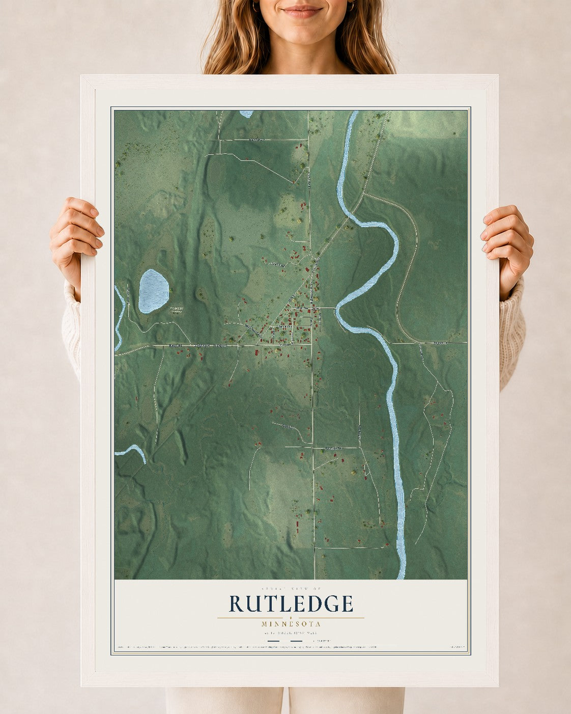 Map of Rutledge, Minnesota, 24 x 36 inch print in a white wood frame