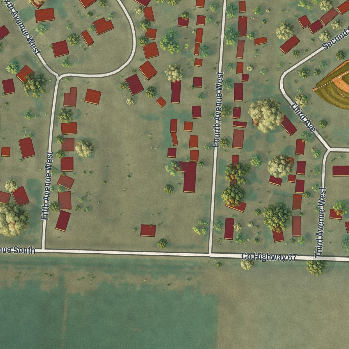 Second close-up of the map of Sabin, Minnesota print showing more streets and buildings
