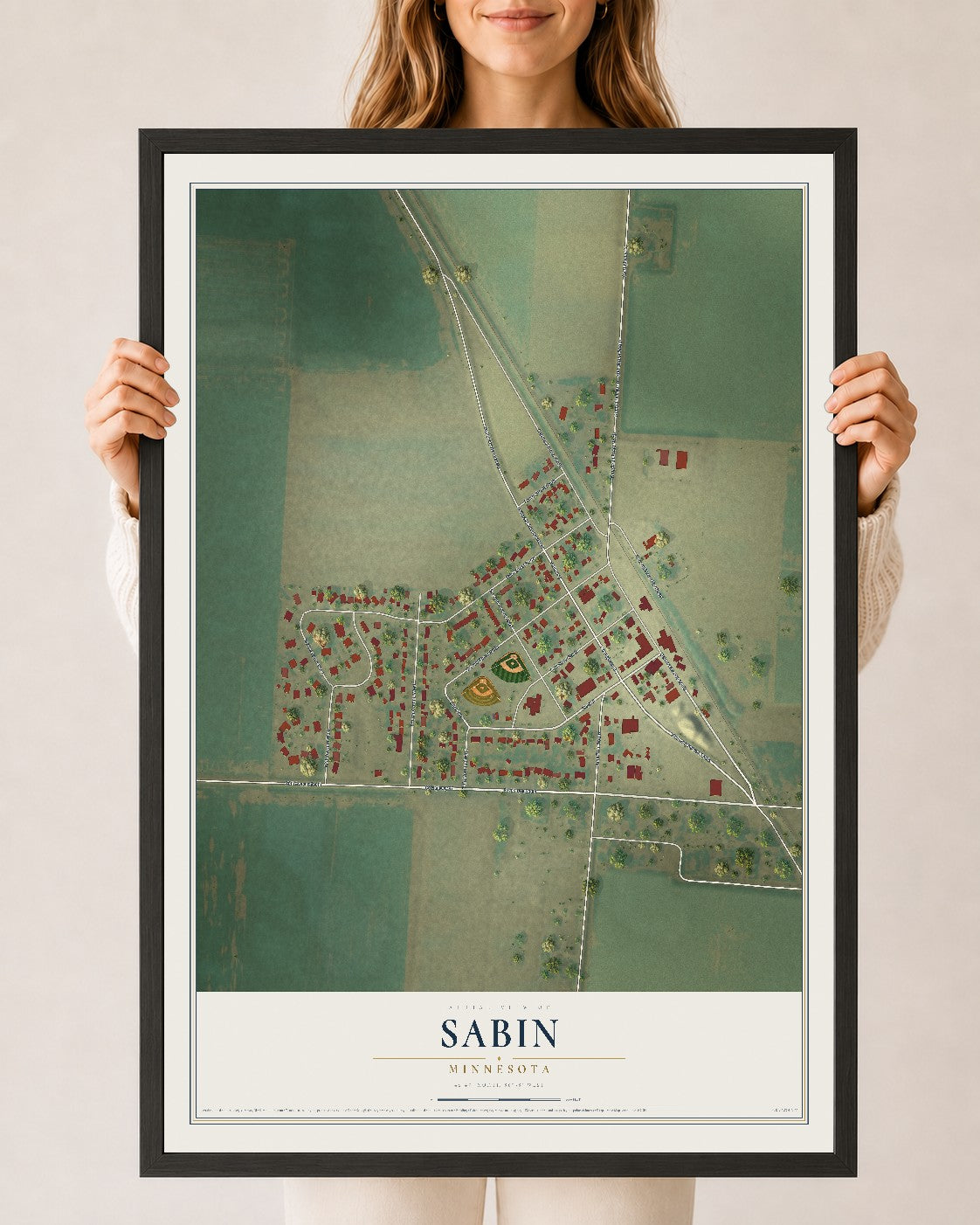 Map of Sabin, Minnesota, 24 x 36 inch print in a black wood frame