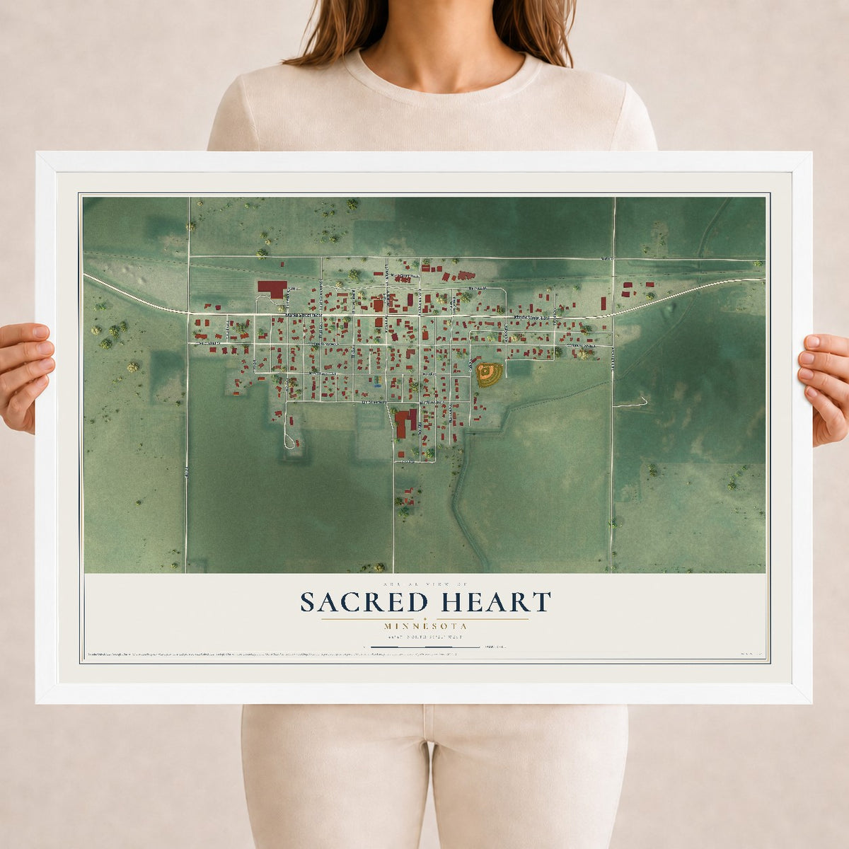 Map of Sacred Heart, Minnesota, 18 x 24 inch print in a white wood frame