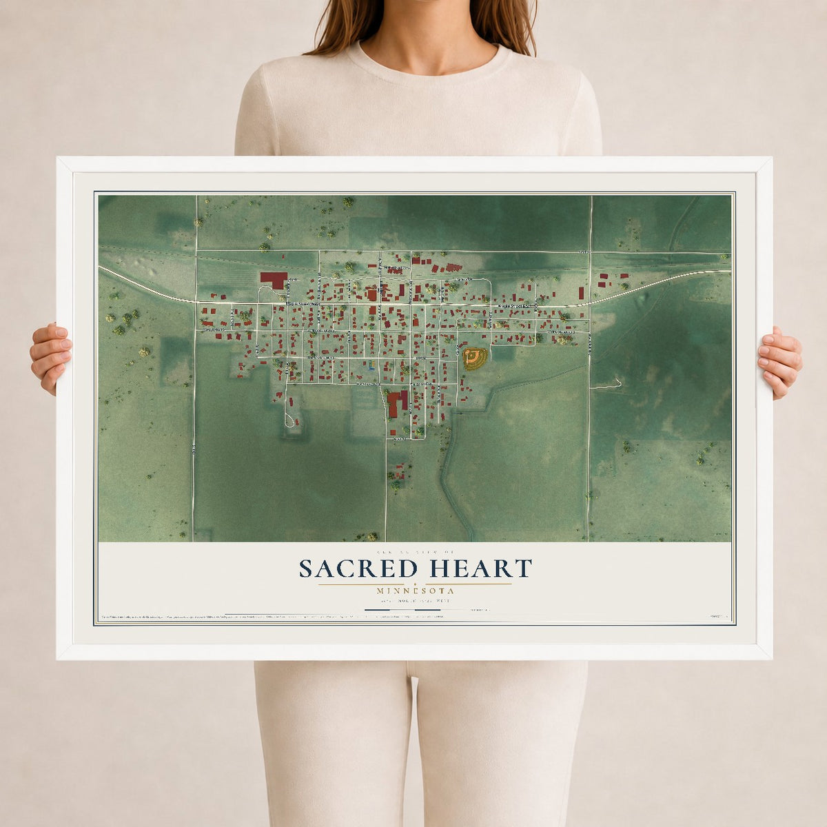 Map of Sacred Heart, Minnesota, 24 x 36 inch print in a white wood frame