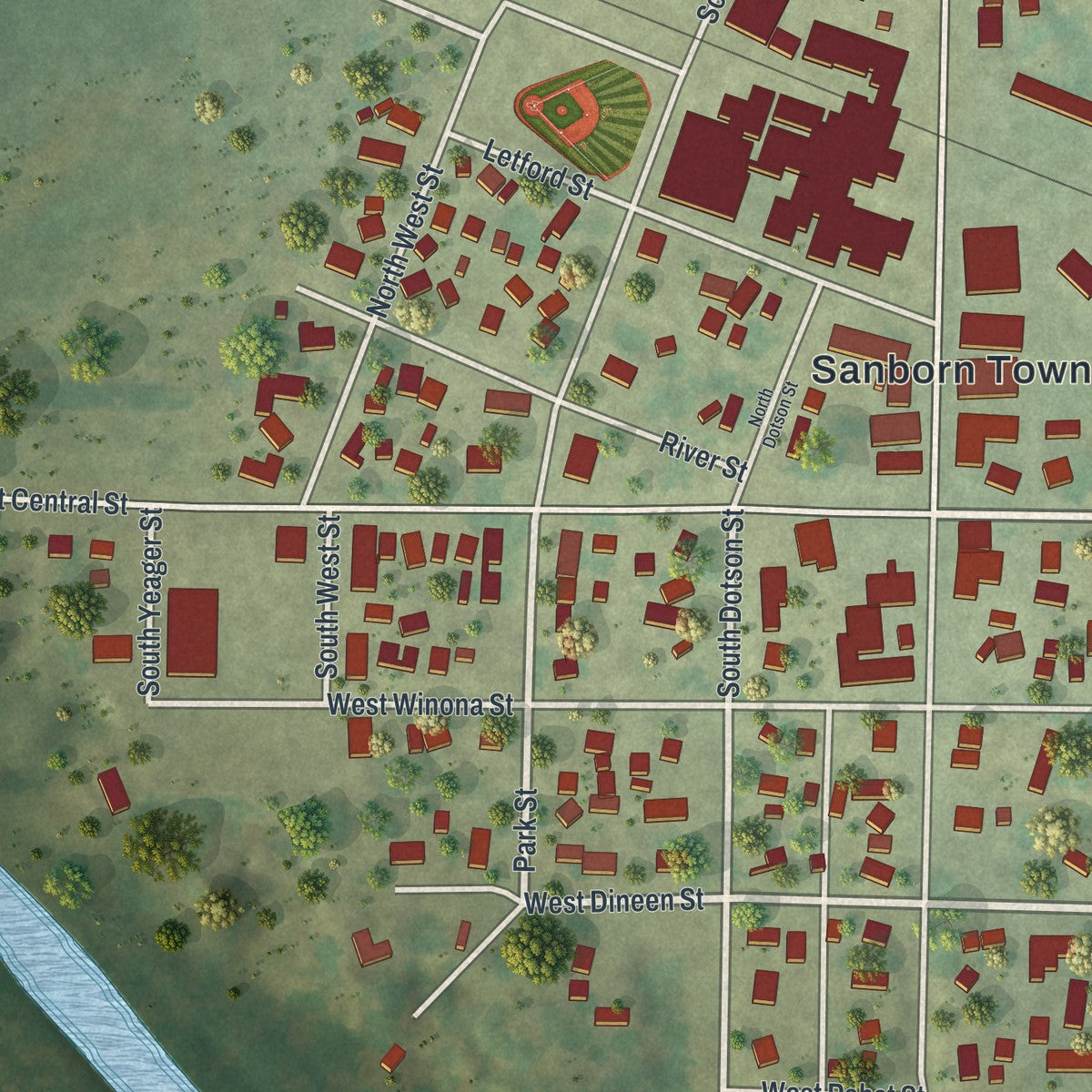 Close-up of the map of Sanborn, Minnesota print showing street and building detail