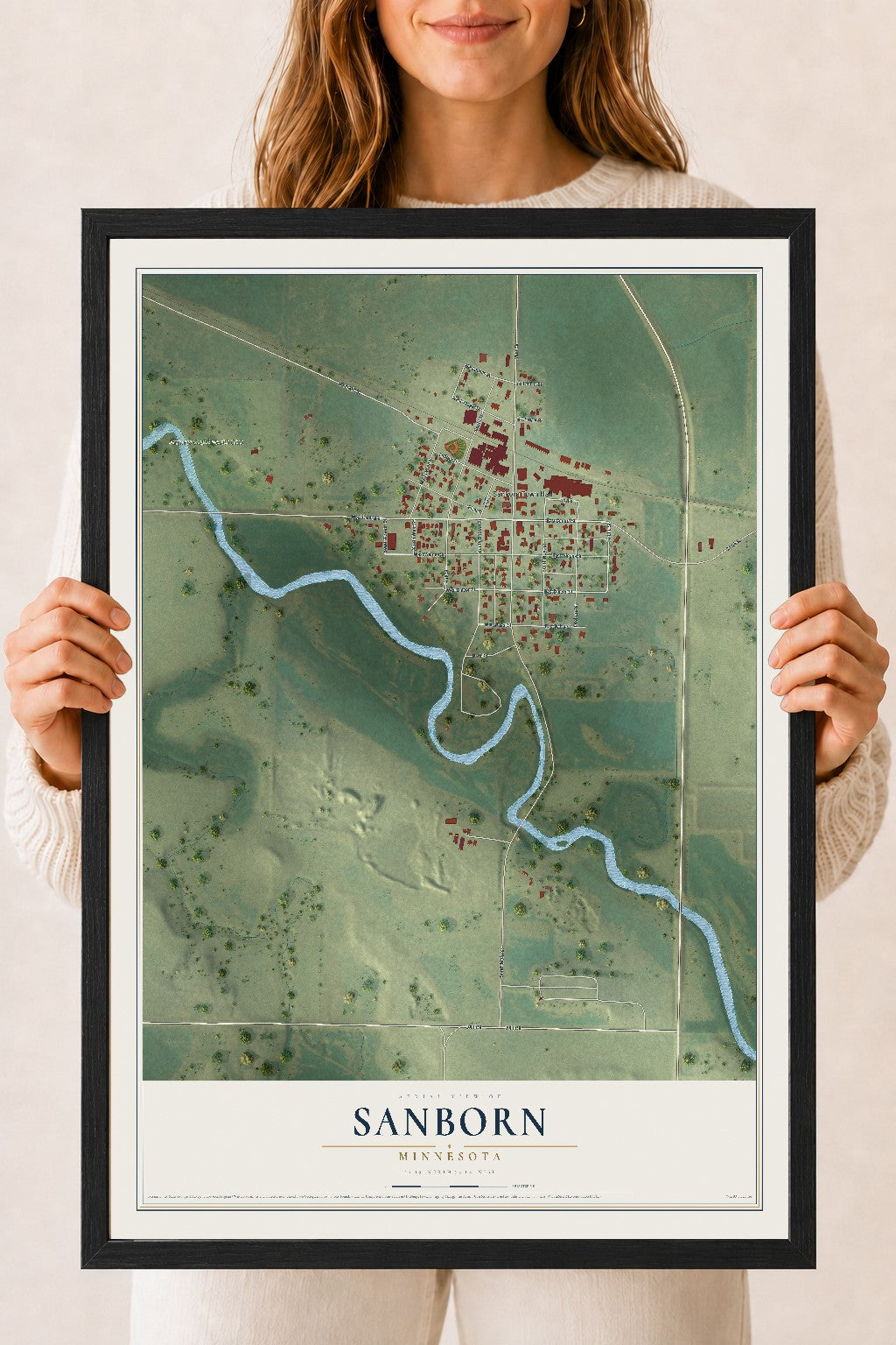 Map of Sanborn, Minnesota, 18 x 24 inch print in a black wood frame
