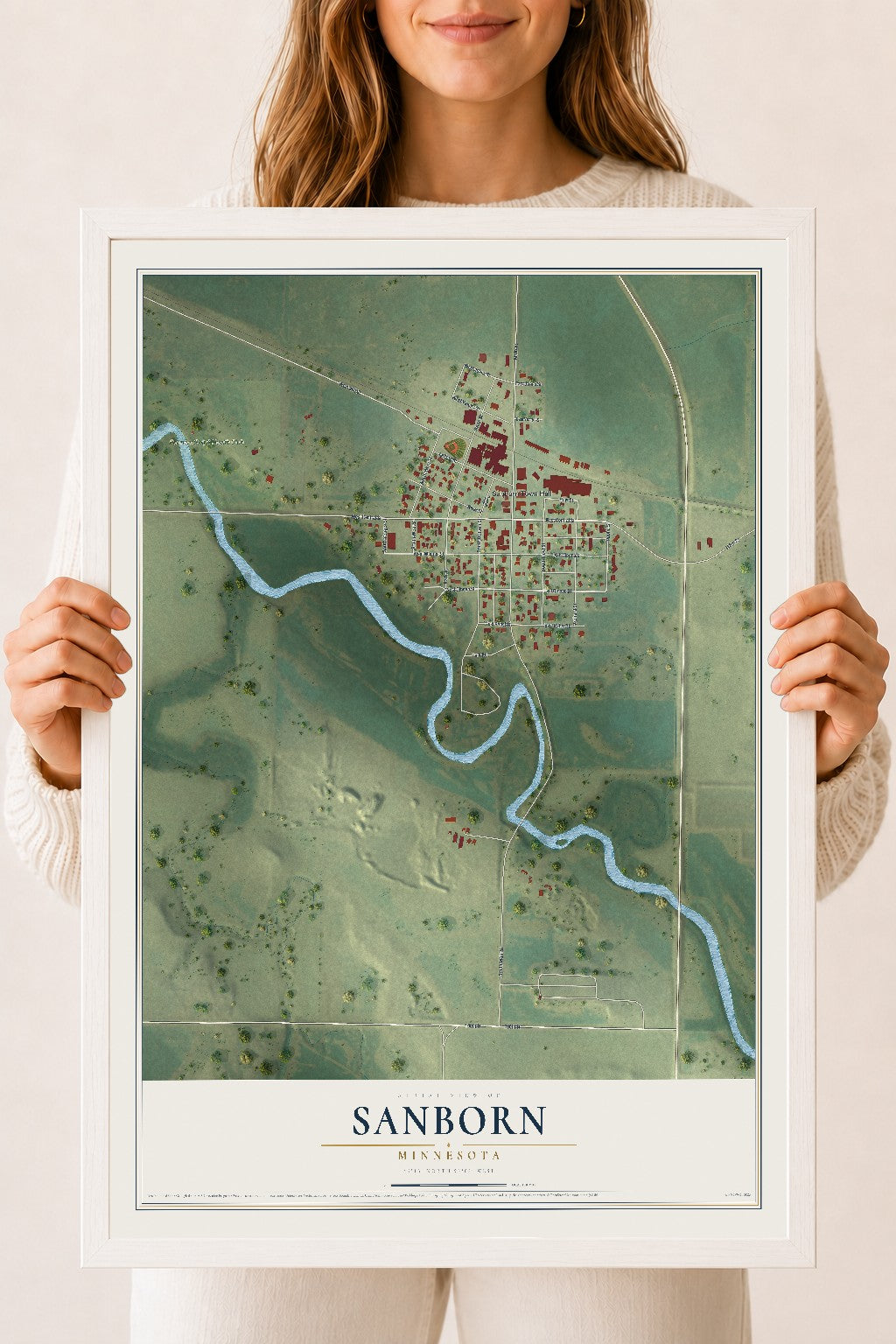 Map of Sanborn, Minnesota, 18 x 24 inch print in a white wood frame
