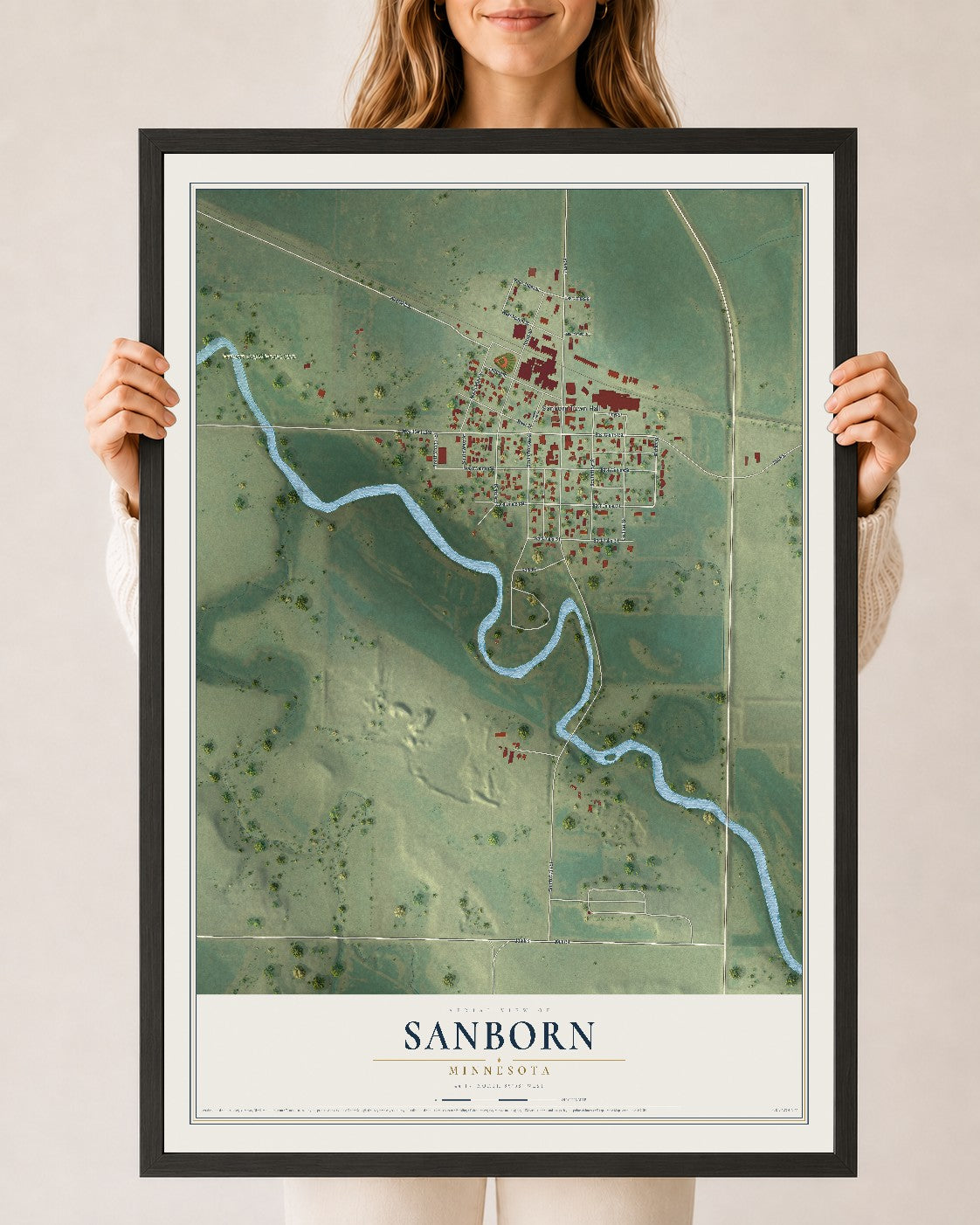 Map of Sanborn, Minnesota, 24 x 36 inch print in a black wood frame
