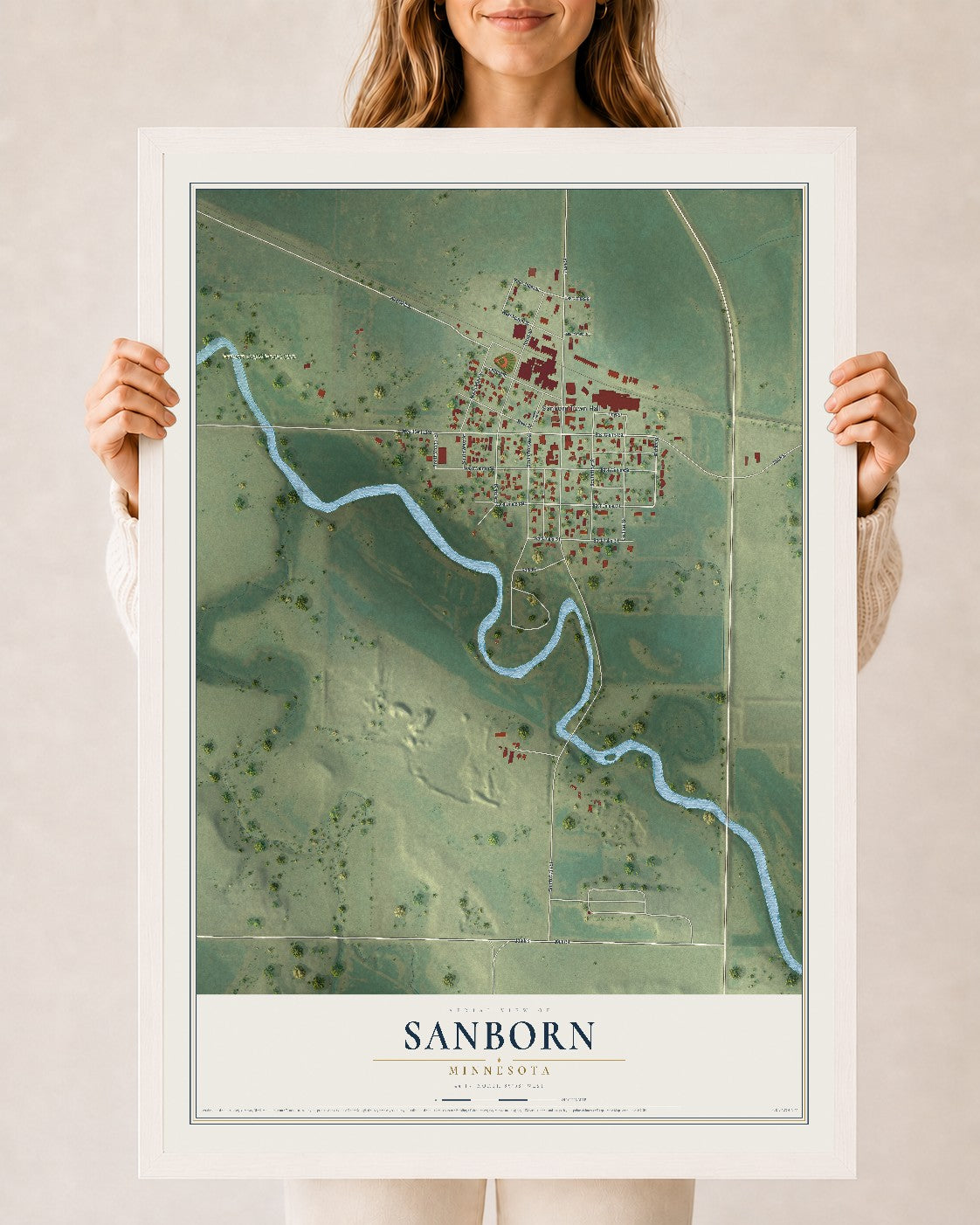 Map of Sanborn, Minnesota, 24 x 36 inch print in a white wood frame