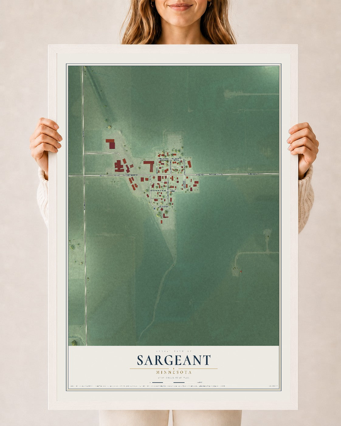 Map of Sargeant, Minnesota, 24 x 36 inch print in a white wood frame