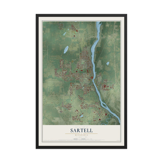 Map of Sartell, Minnesota, 12 x 18 inch print in a black wood frame