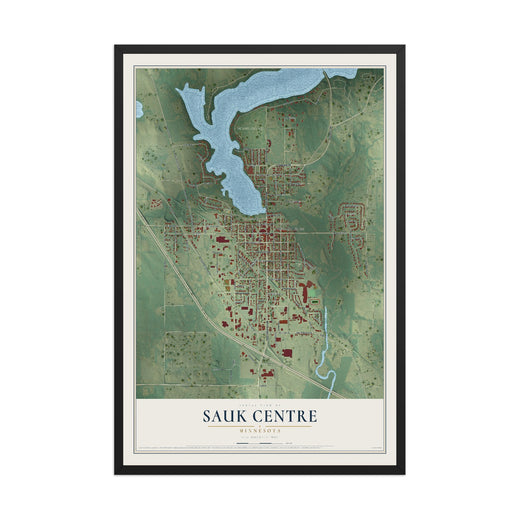 Map of Sauk Centre, Minnesota, 12 x 18 inch print in a black wood frame