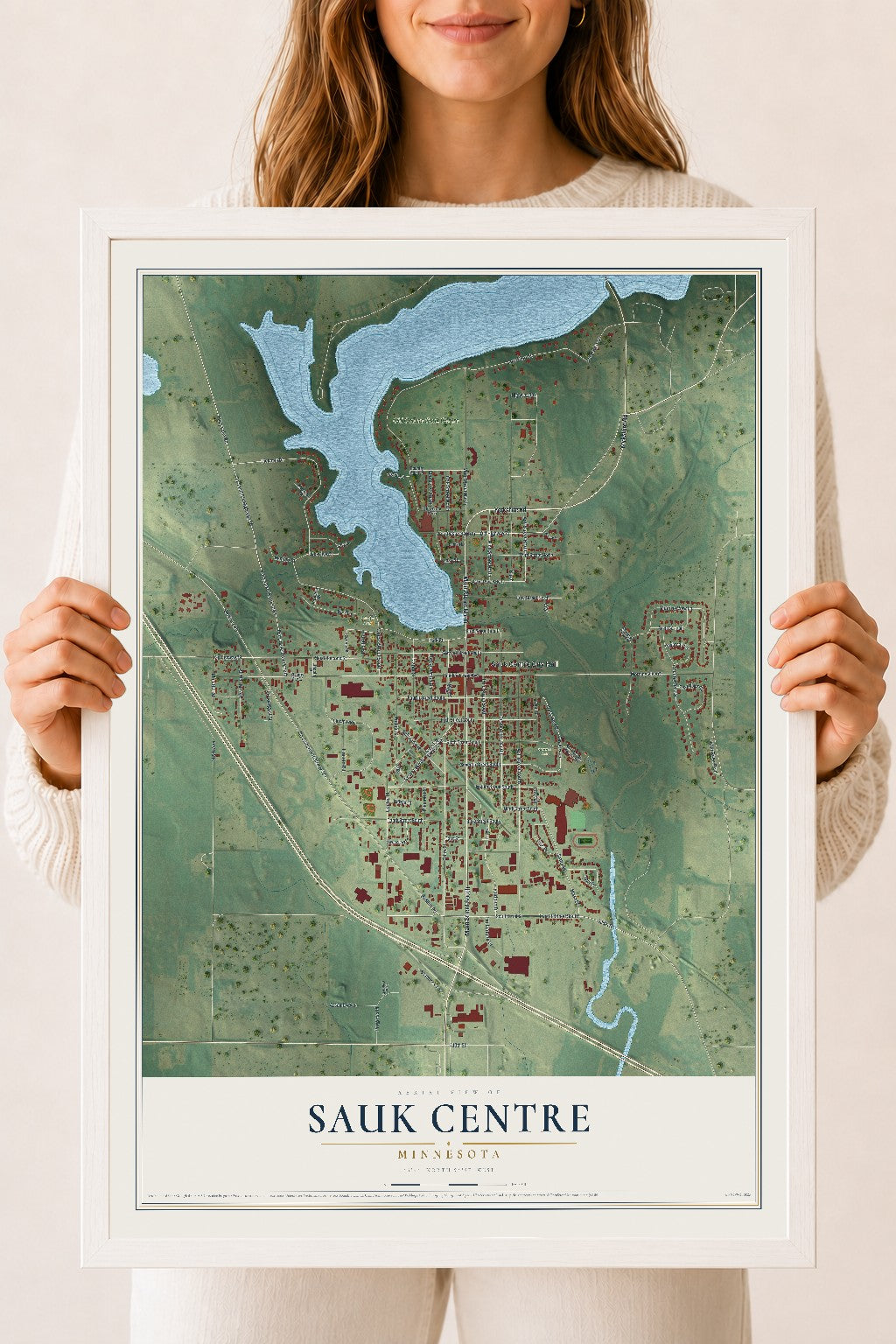 Map of Sauk Centre, Minnesota, 18 x 24 inch print in a white wood frame