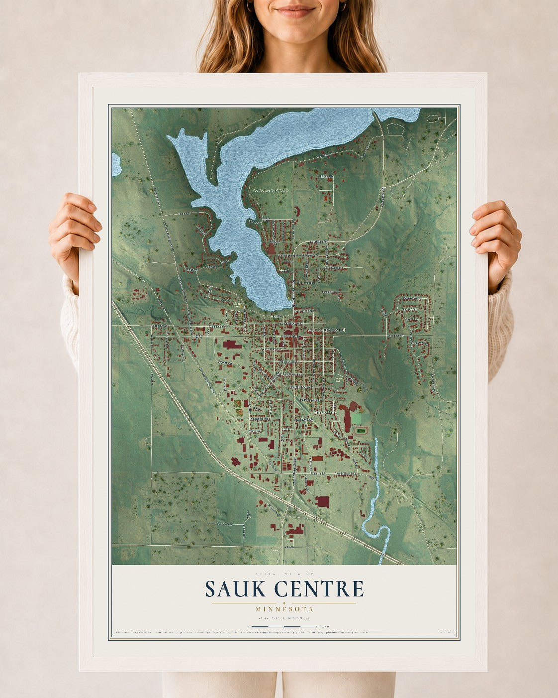 Map of Sauk Centre, Minnesota, 24 x 36 inch print in a white wood frame