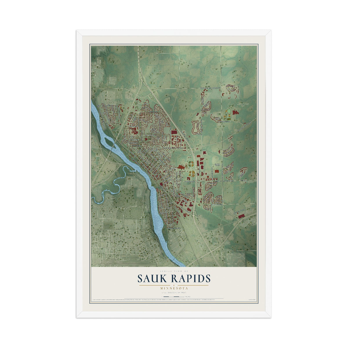 Map of Sauk Rapids, Minnesota, 12 x 18 inch print in a white wood frame