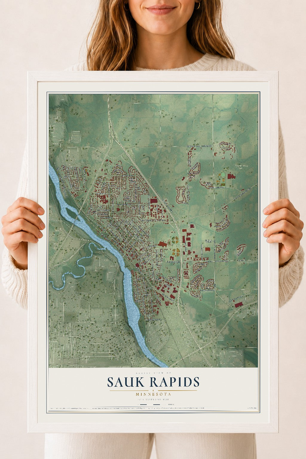 Map of Sauk Rapids, Minnesota, 18 x 24 inch print in a white wood frame