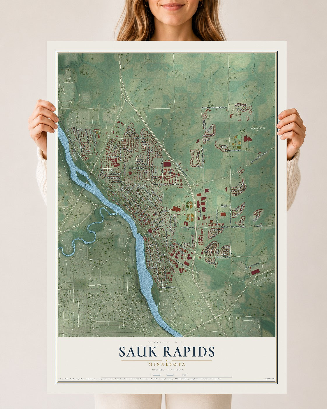 Map of Sauk Rapids, Minnesota, 24 x 36 inch unframed archival matte print