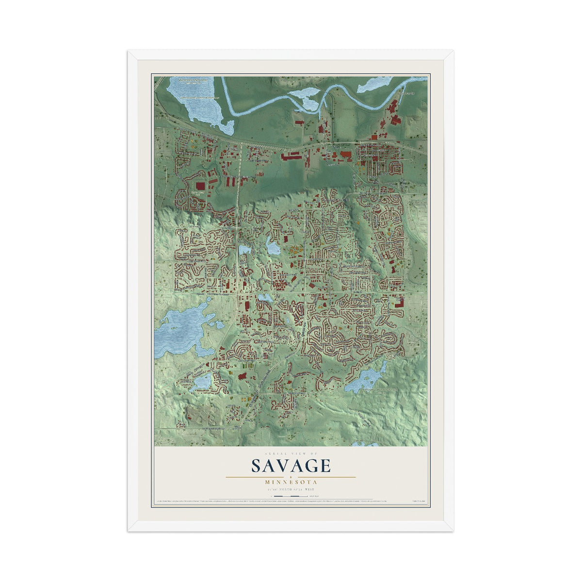 Map of Savage, Minnesota, 12 x 18 inch print in a white wood frame
