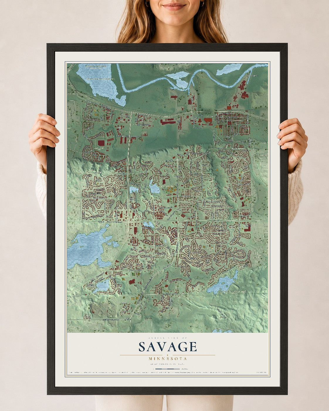 Map of Savage, Minnesota, 24 x 36 inch print in a black wood frame