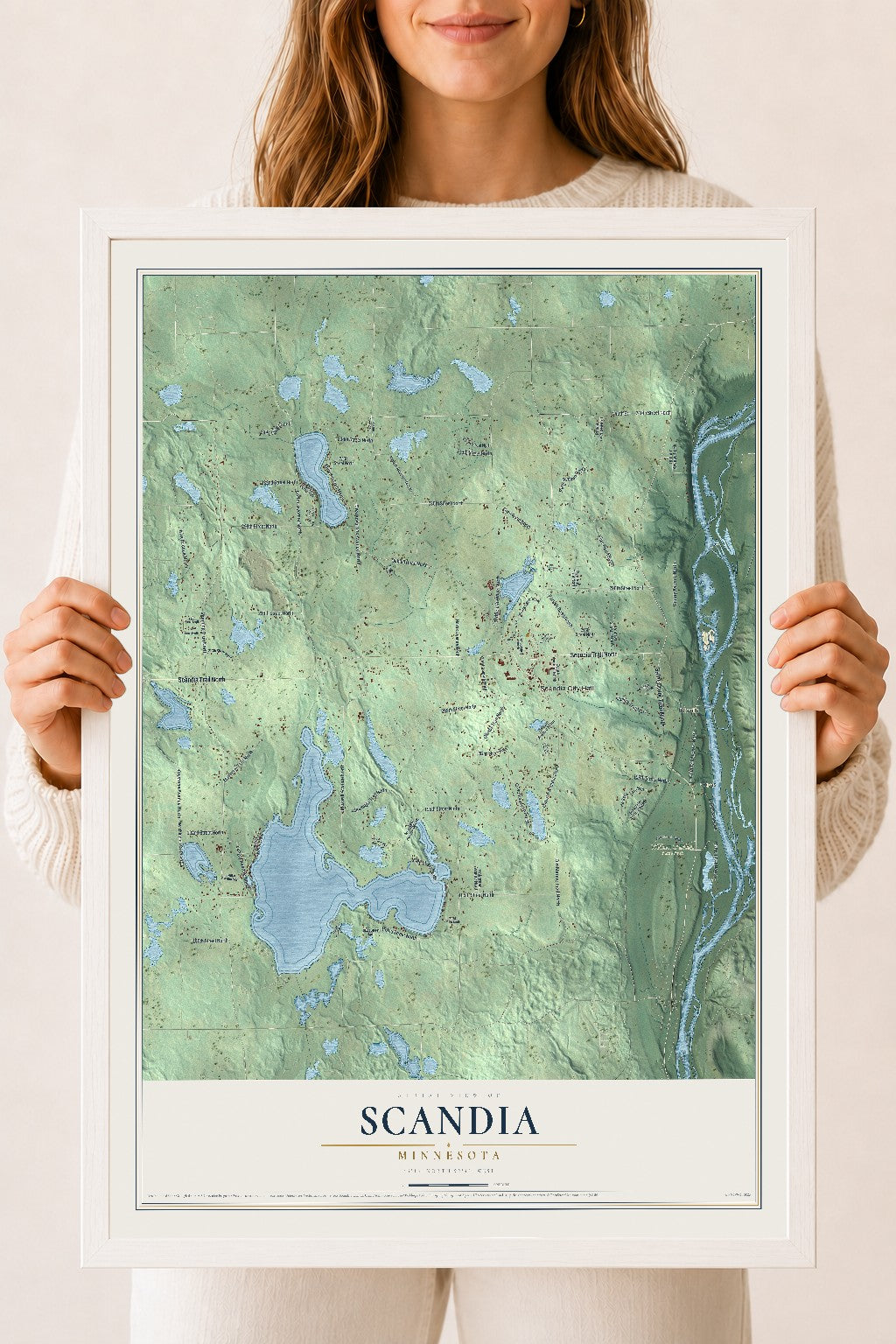 Map of Scandia, Minnesota, 18 x 24 inch print in a white wood frame