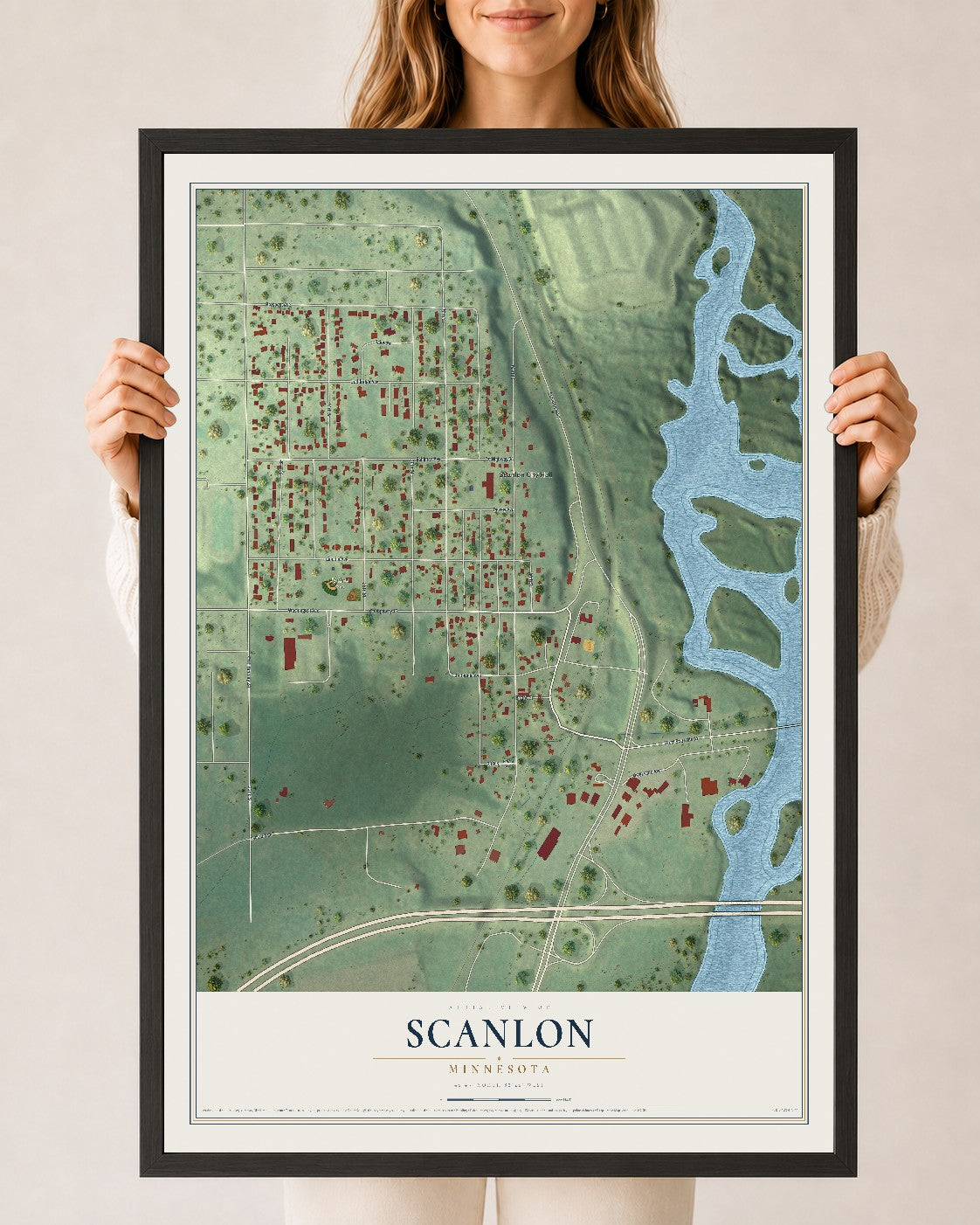 Map of Scanlon, Minnesota, 24 x 36 inch print in a black wood frame