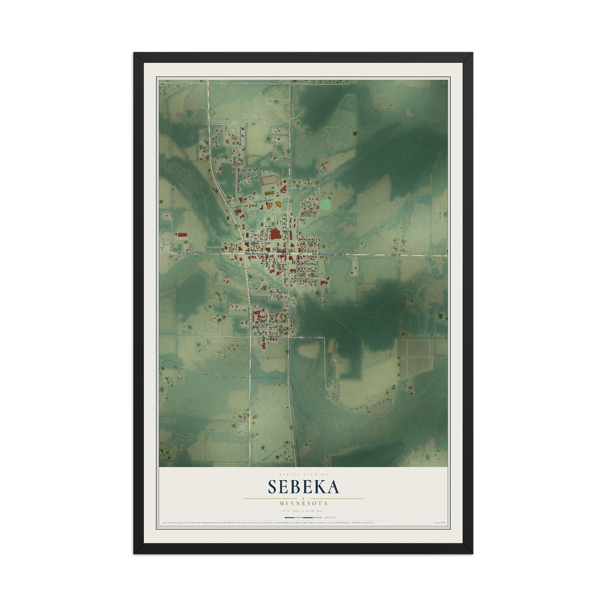 Map of Sebeka, Minnesota, 12 x 18 inch print in a black wood frame