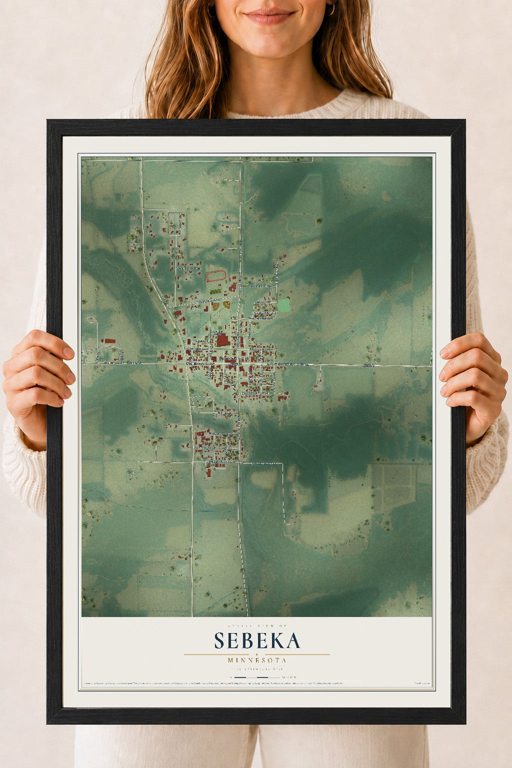 Map of Sebeka, Minnesota, 18 x 24 inch print in a black wood frame