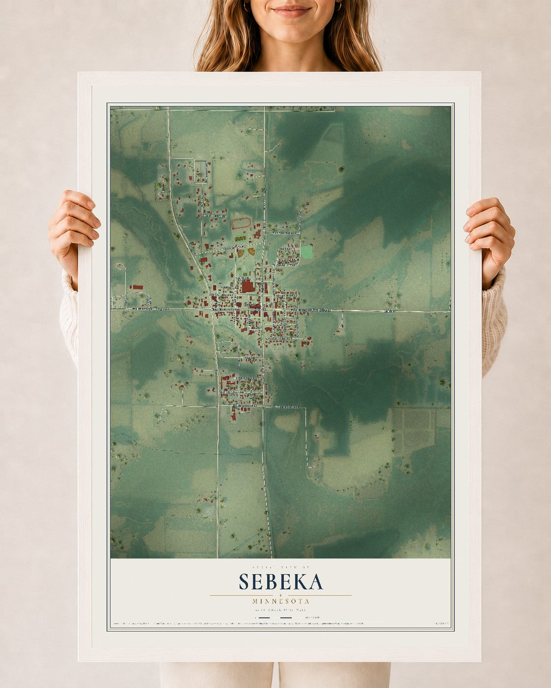 Map of Sebeka, Minnesota, 24 x 36 inch print in a white wood frame