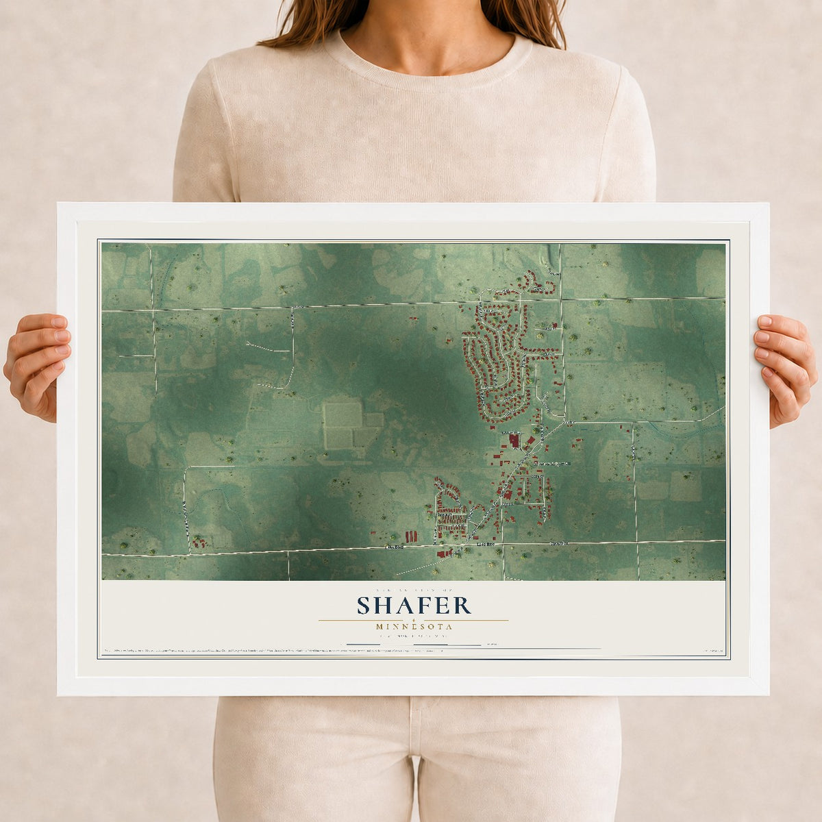 Map of Shafer, Minnesota, 12 x 18 inch print in a white wood frame