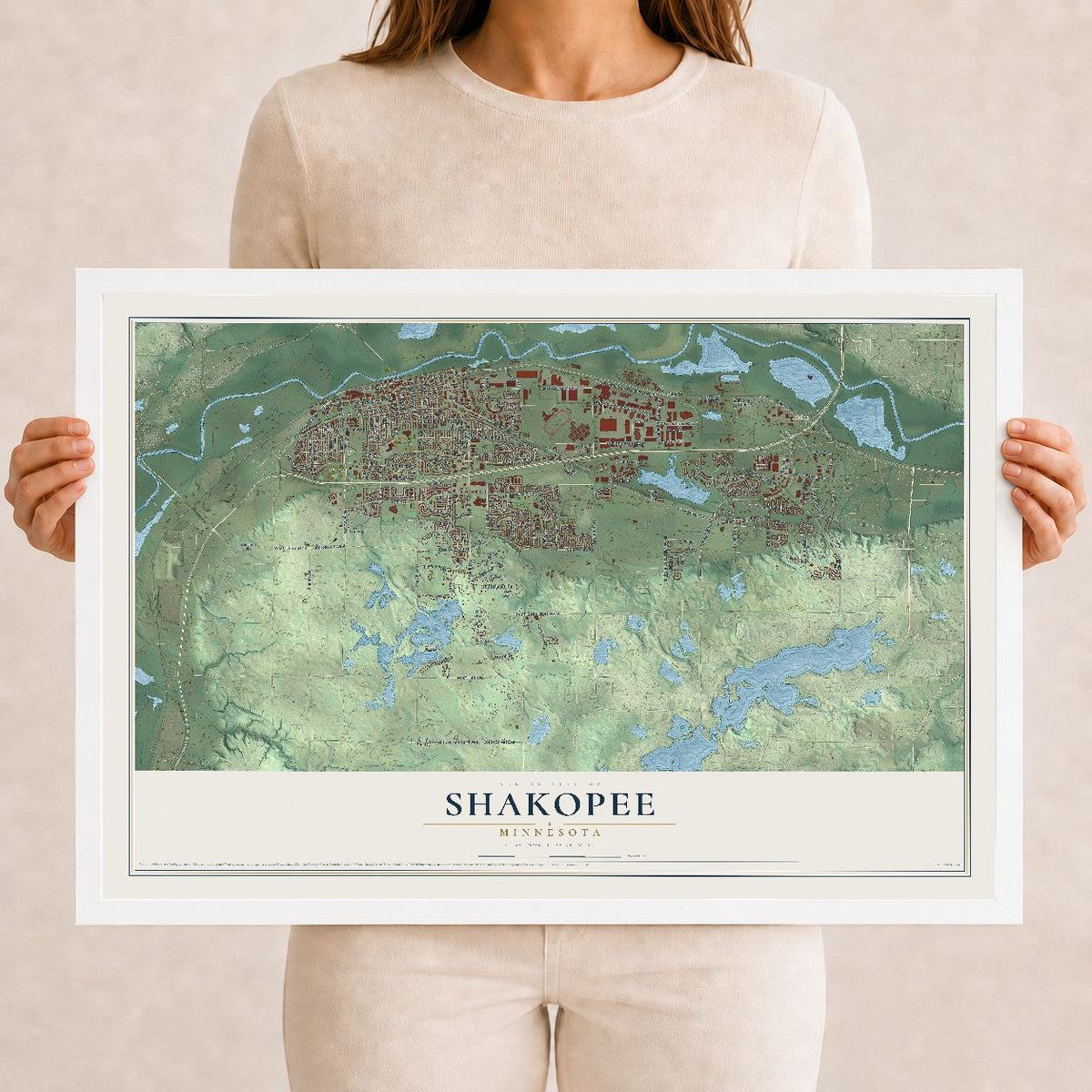 Map of Shakopee, Minnesota, 12 x 18 inch print in a white wood frame