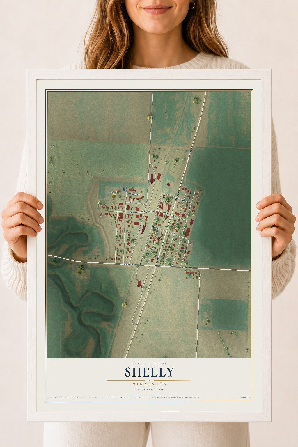 Map of Shelly, Minnesota, 18 x 24 inch print in a white wood frame