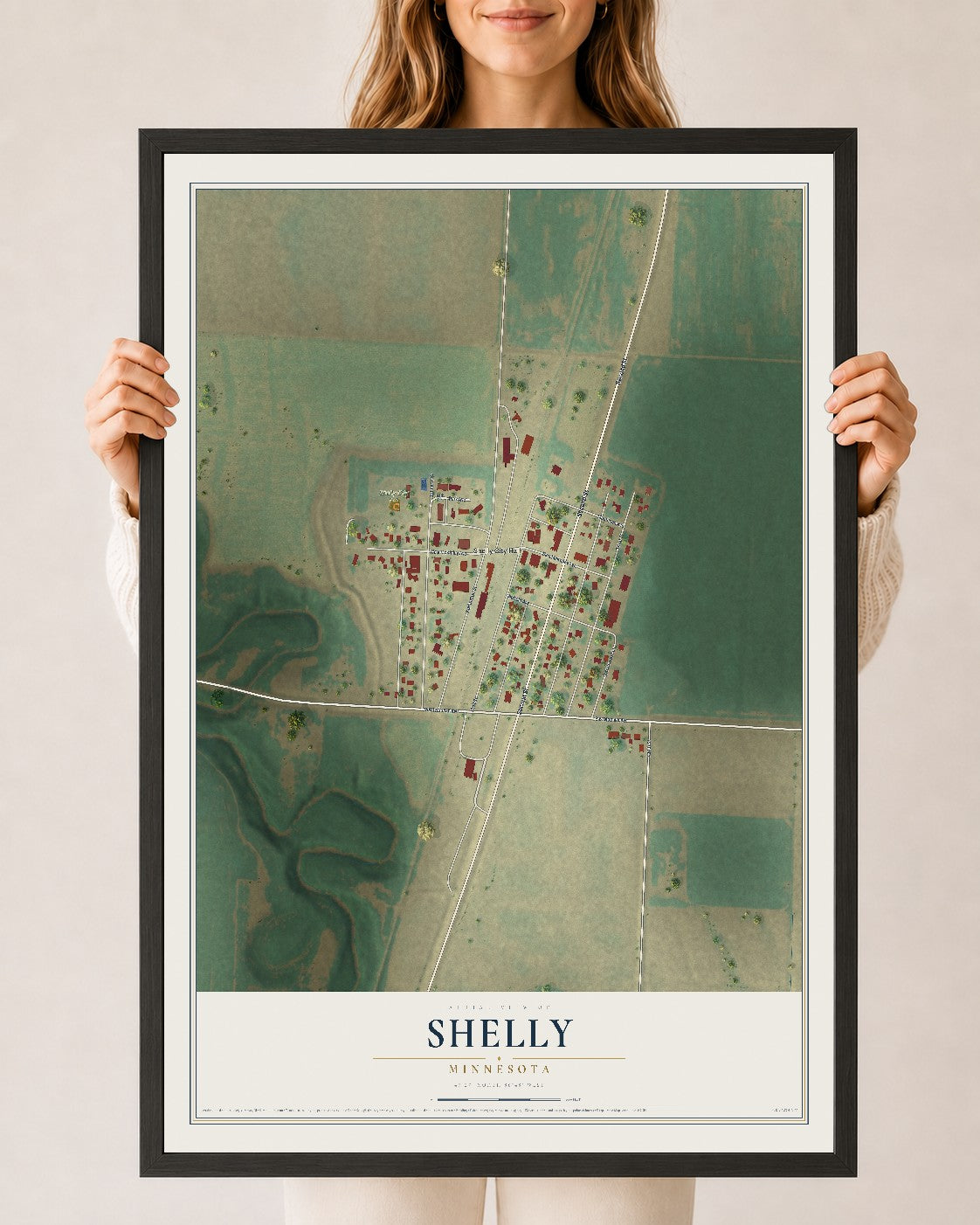 Map of Shelly, Minnesota, 24 x 36 inch print in a black wood frame