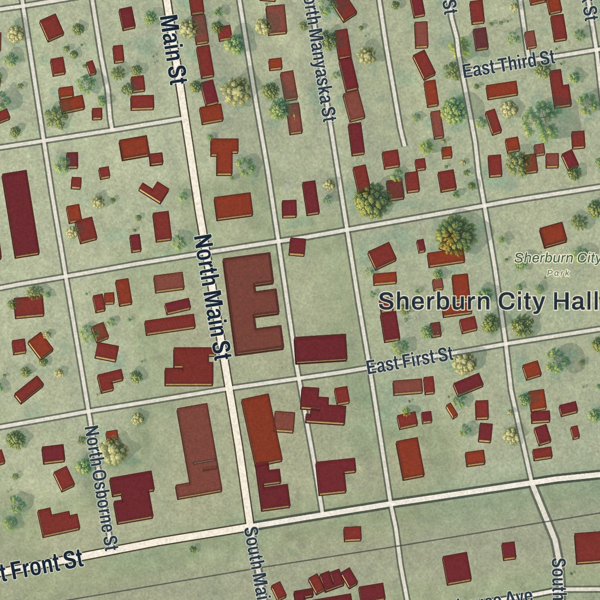 Close-up of the map of Sherburn, Minnesota print showing street and building detail
