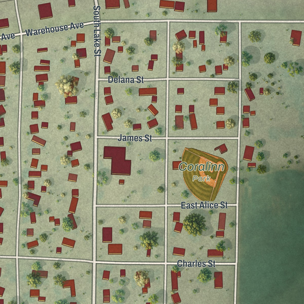 Second close-up of the map of Sherburn, Minnesota print showing more streets and buildings