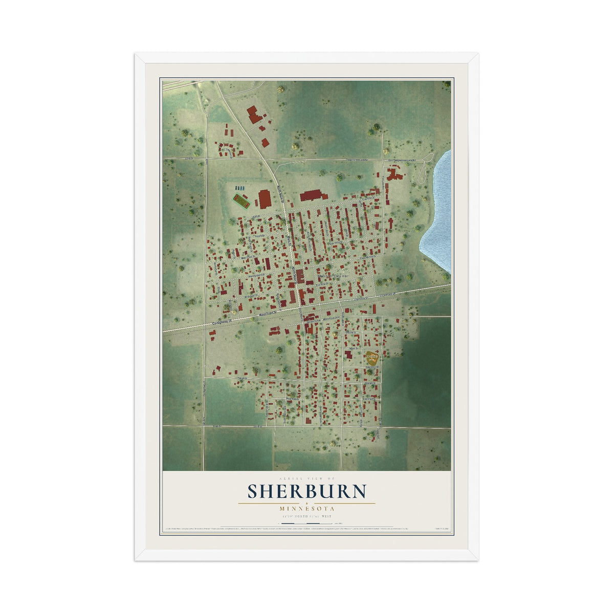 Map of Sherburn, Minnesota, 12 x 18 inch print in a white wood frame