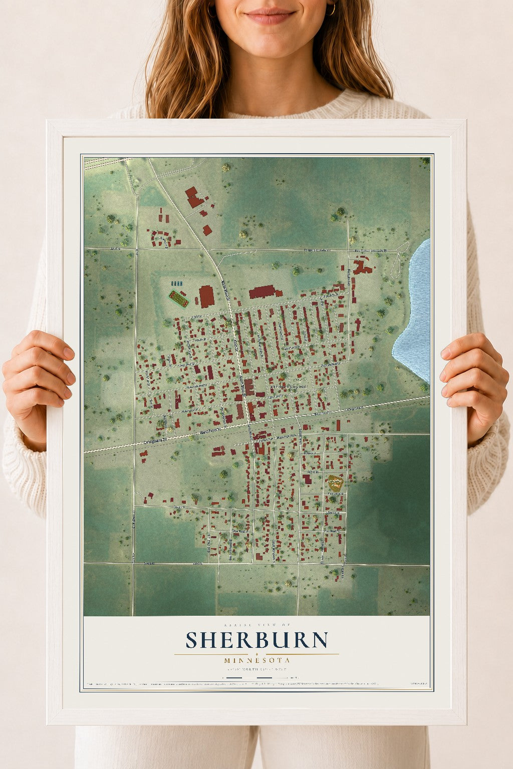 Map of Sherburn, Minnesota, 18 x 24 inch print in a white wood frame