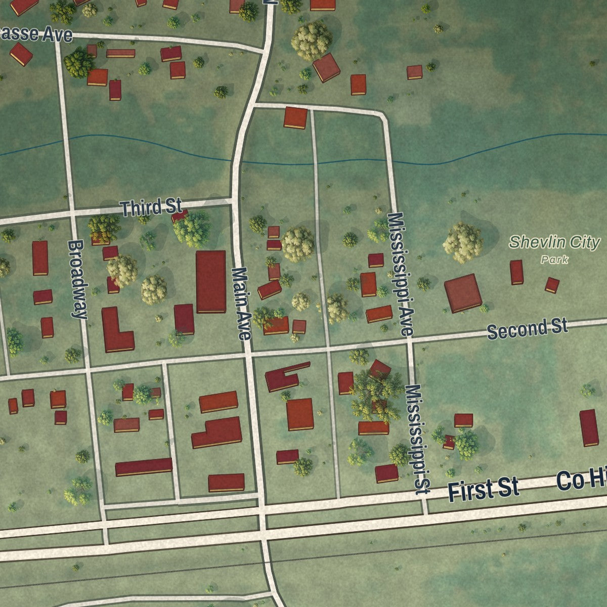 Close-up of the map of Shevlin, Minnesota print showing street and building detail