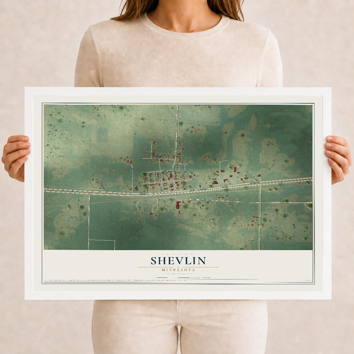 Map of Shevlin, Minnesota, 12 x 18 inch print in a white wood frame