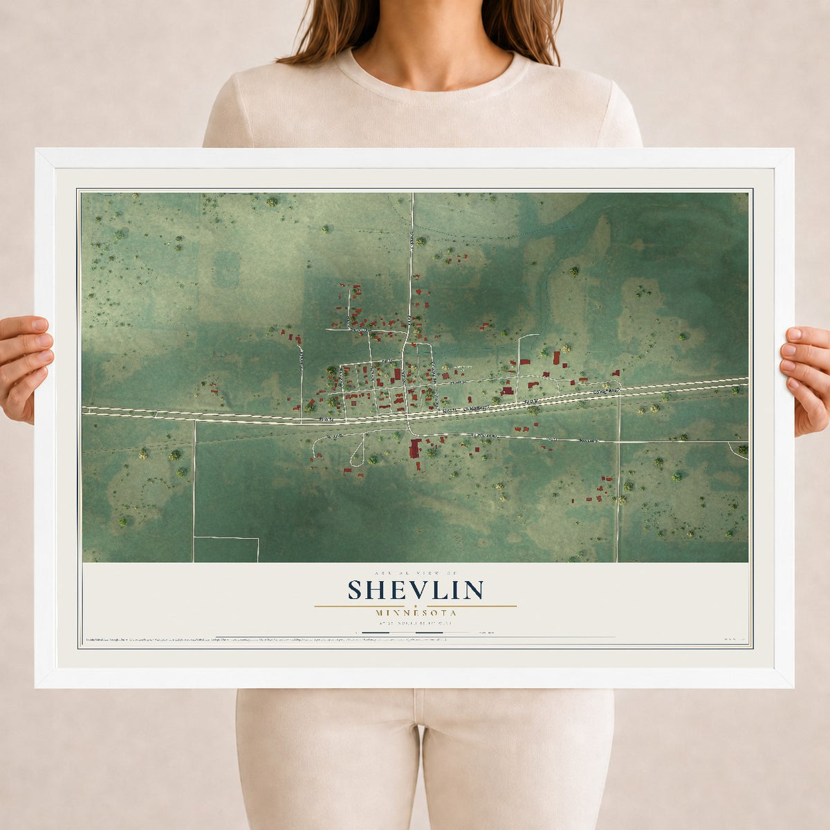 Map of Shevlin, Minnesota, 18 x 24 inch print in a white wood frame