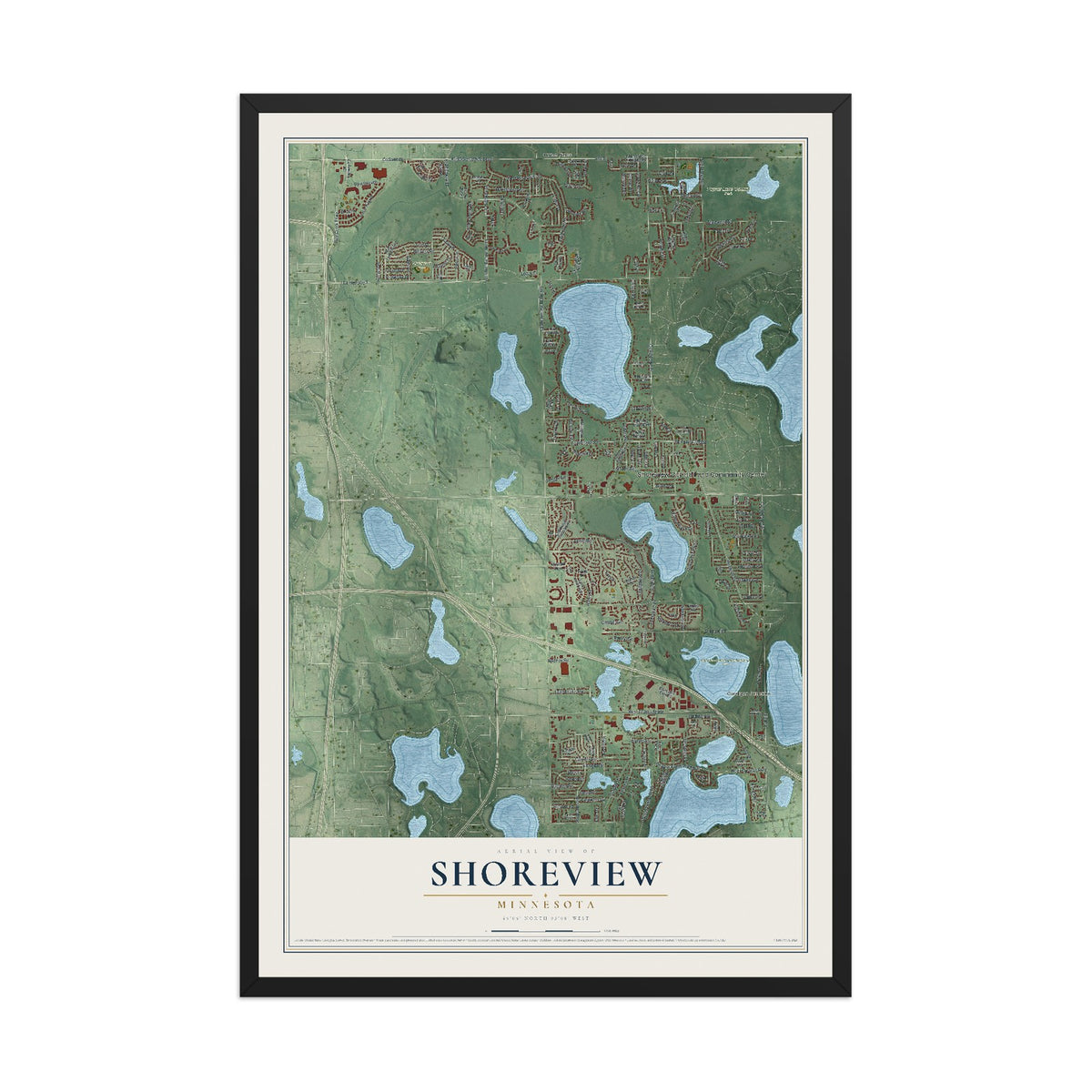 Map of Shoreview, Minnesota, 12 x 18 inch print in a black wood frame