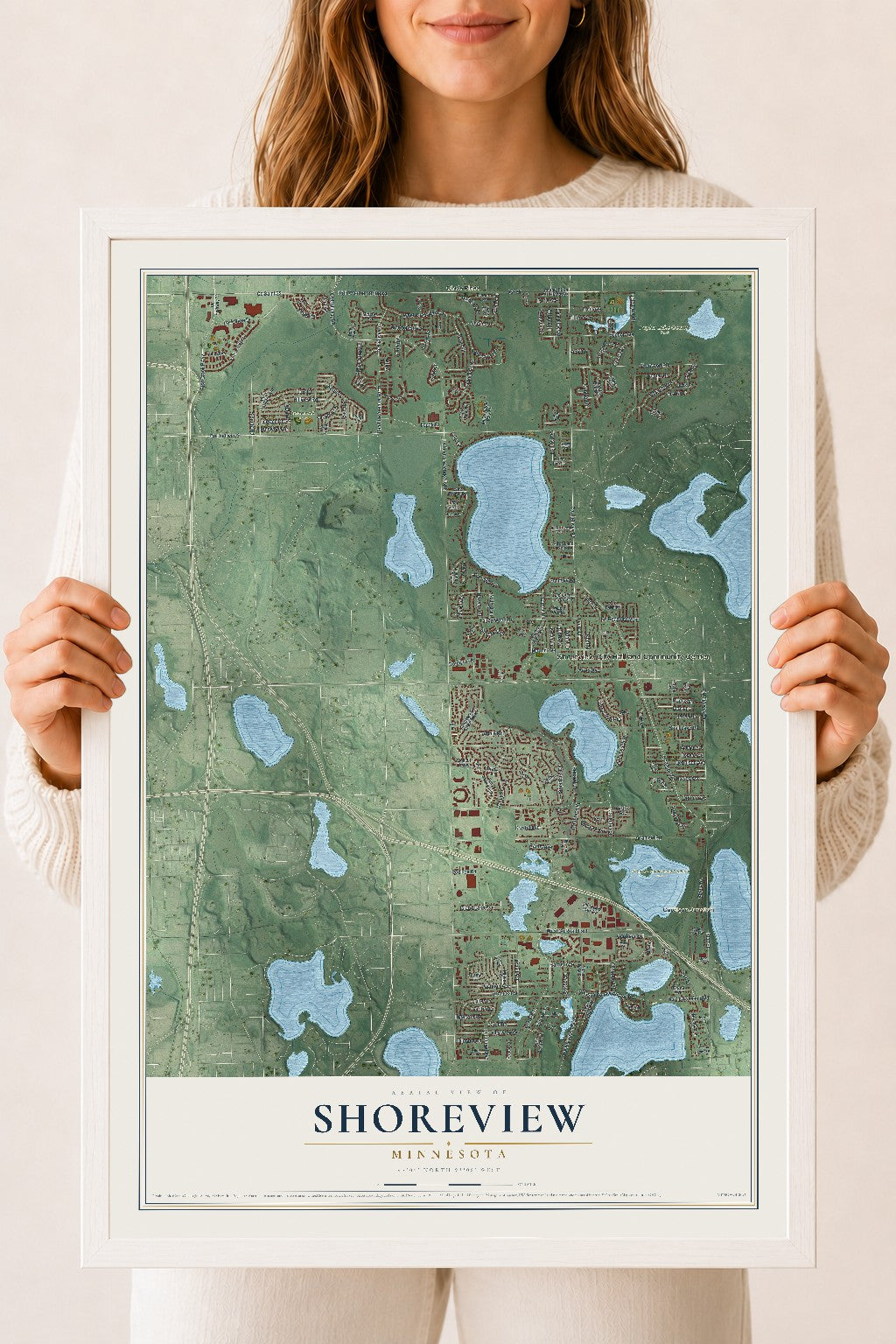 Map of Shoreview, Minnesota, 18 x 24 inch print in a white wood frame