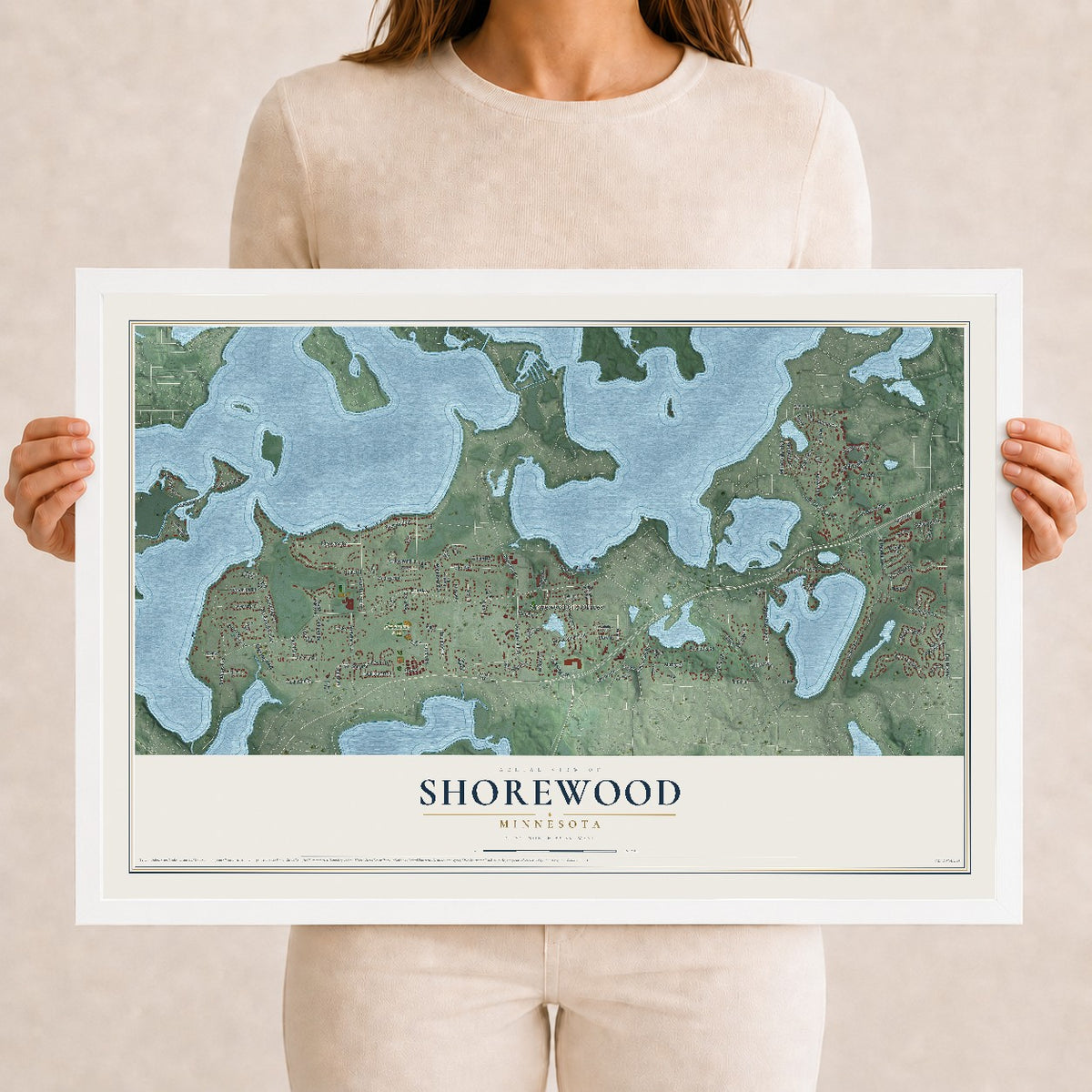 Map of Shorewood, Minnesota, 12 x 18 inch print in a white wood frame