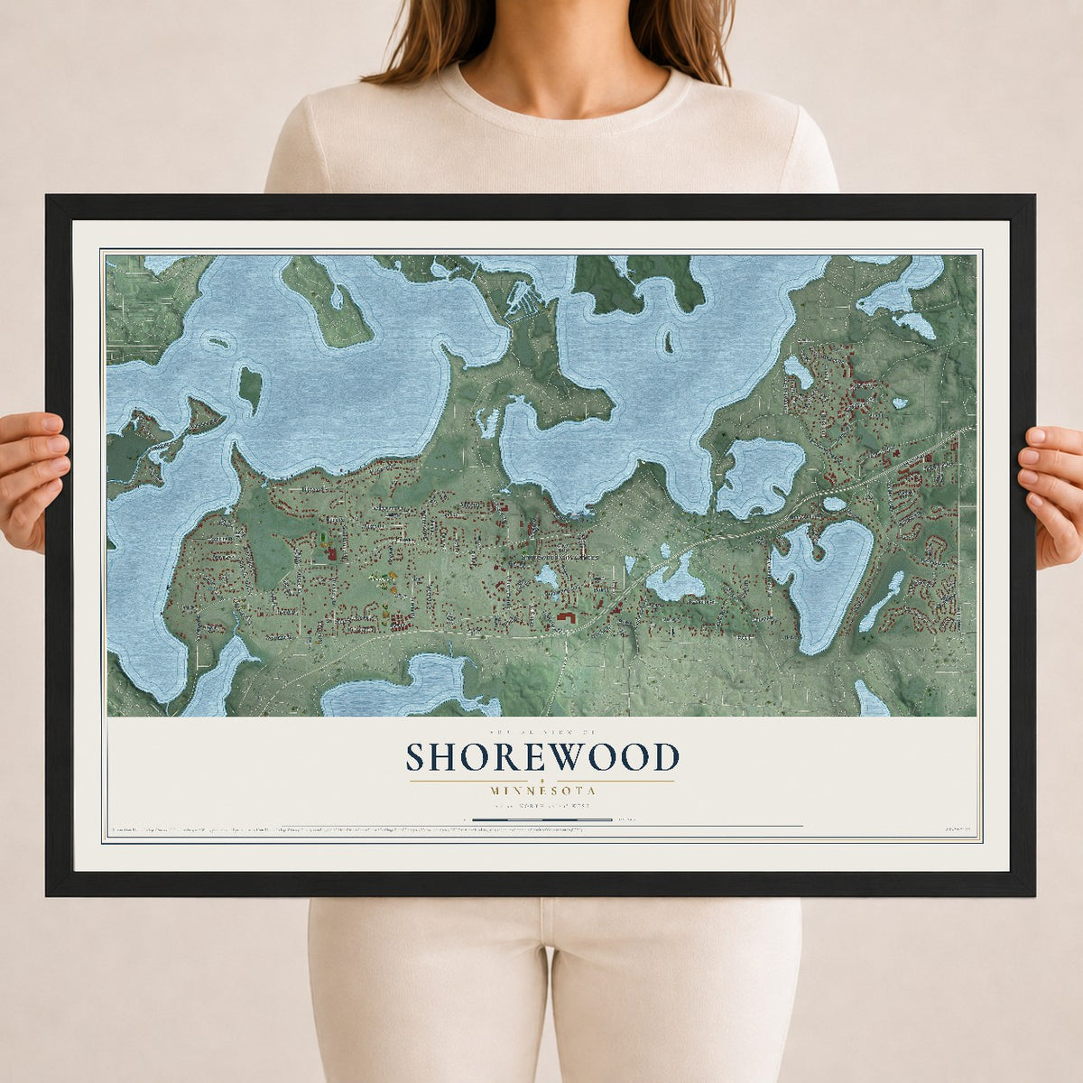 Map of Shorewood, Minnesota, 18 x 24 inch print in a black wood frame