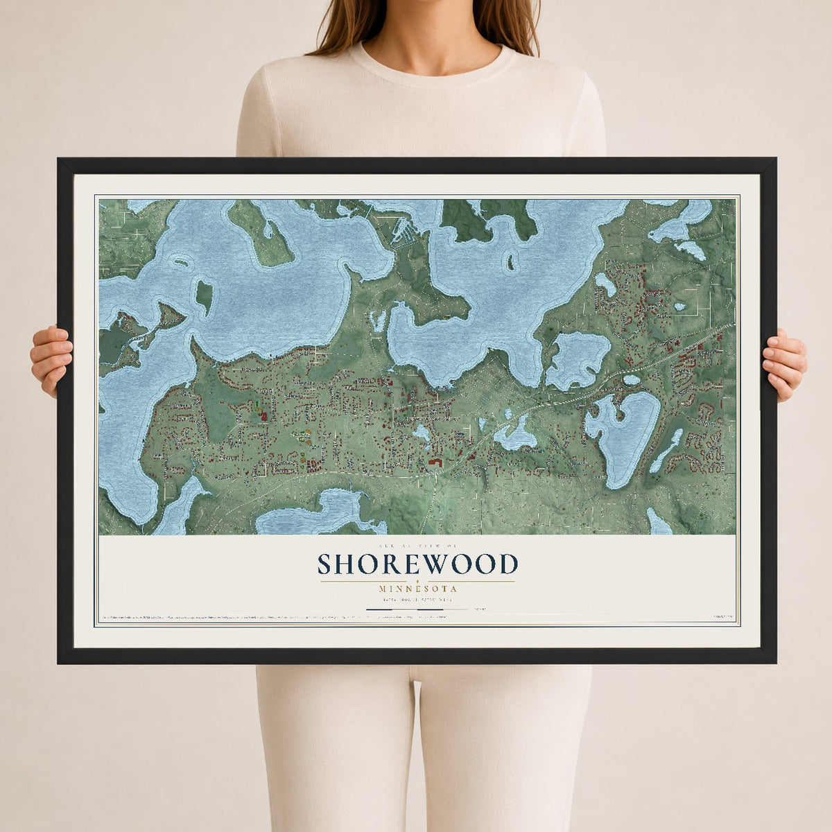 Map of Shorewood, Minnesota, 24 x 36 inch print in a black wood frame