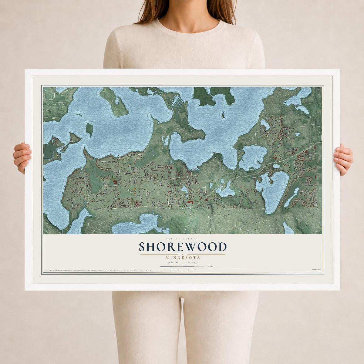 Map of Shorewood, Minnesota, 24 x 36 inch print in a white wood frame