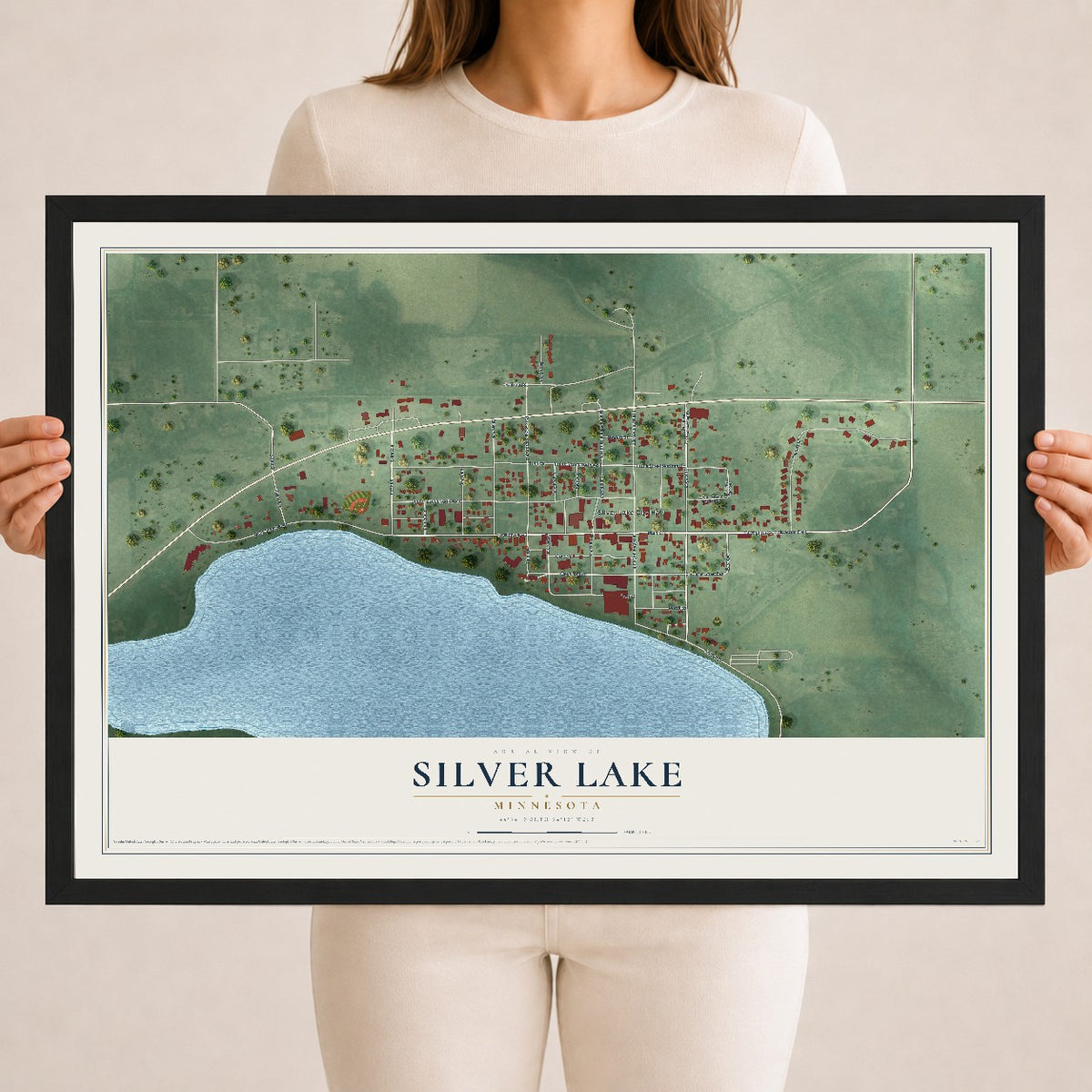 Map of Silver Lake, Minnesota, 18 x 24 inch print in a black wood frame
