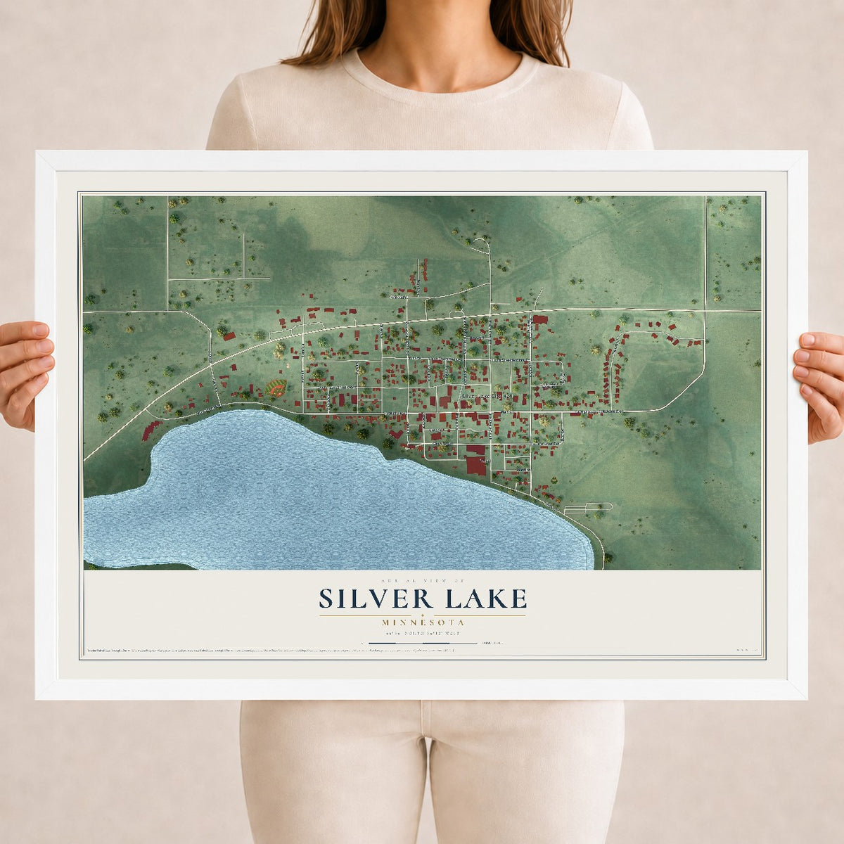 Map of Silver Lake, Minnesota, 18 x 24 inch print in a white wood frame